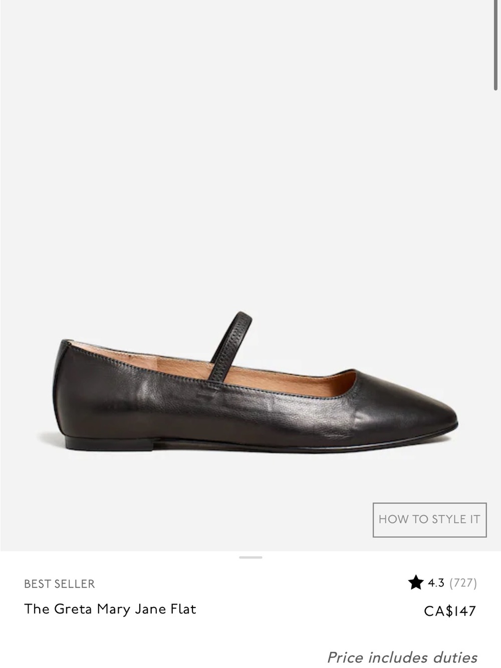 100% Leather Madewell Greta Mary Jane Flat - Black